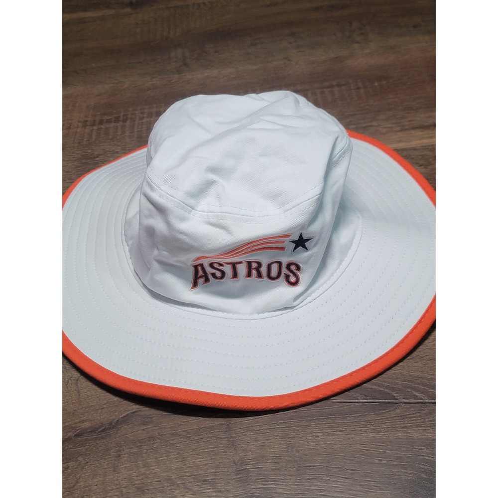 Houston Astros Wide Brim Bucket Hat White Orange Mustang Cat MLB Sun Hat OSFM